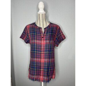 Carbon 2 Cobalt Effortlessly Cool Womens Plaid Popover 100% Cotton Vneck Shirt M